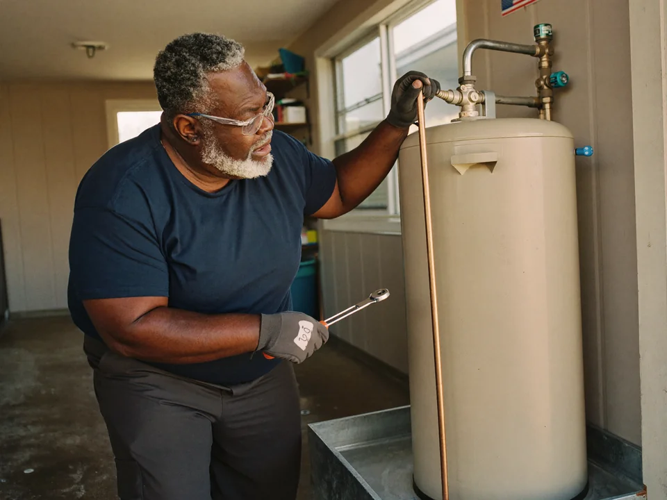 Illustrative scene of a plumber working on pipework